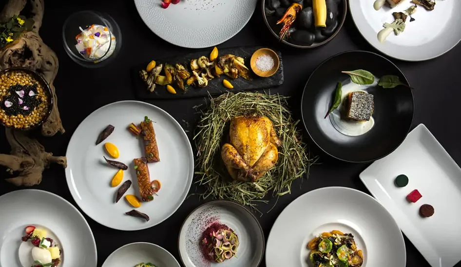 Assorted gourmet dishes arranged on a dark table, featuring a roasted chicken and various plated foods.
